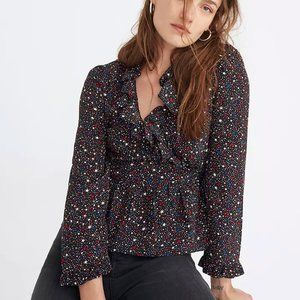 Madewell Silk Ruffle-Hem Wrap Top in Starry Night Black Blue Red Pink White S